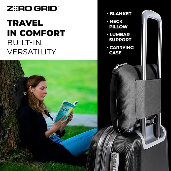 Zero Grid Lightweight Travel Blanket – Premium Compact Wearable Airplane Blanket with Neck Snaps, Cozy Foot Pockets, Zipper Pouch, converts to Soft Pillow for Ultimate Comfort - Black