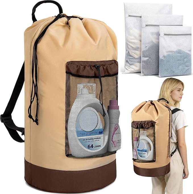 150L Laundry Bag Backpack with 3 Sizes Mesh Wash Bags and Shoulder Straps Foldable Clothes Hamper Bag with Drawstring Closure for College, Apartment, Laundromat (Tan)