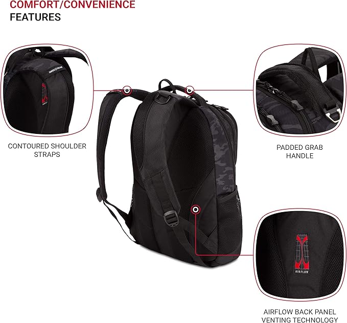 SWISSGEAR Cecil 18-Inch Laptop Backpack Fits 16-Inch Laptop, Travel Daypack with Organizer Pockets, Water Bottle Holders & Padded Straps – Black Cod/Camo