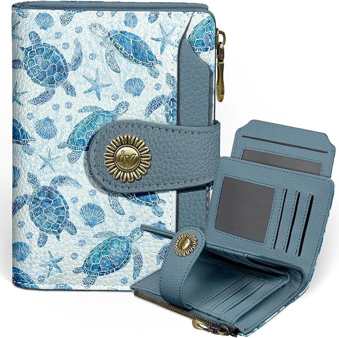 Icycay Sea Turtle Small Wallet Women RFID Blocking Bifold, Credit Card Holder, Zipper Coin Pocket, PU Leather, Cute, Compact, Travel, 4 ID Window, 14 Card Slots, Cash Purse, Ladies Woman Female Girls