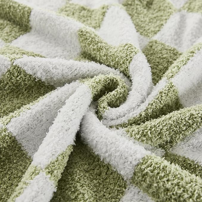 Checkered Throw Blanket, Sage Green Soft Cozy Fluffy Knitted Throw Blankets for Couch, Sofa, Bed, Chair, Warm Fuzzy Travel Picnic Lightweight Plaid Blanket, 60x80 inches