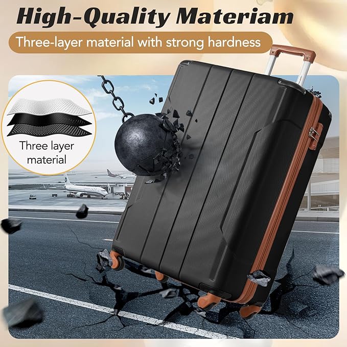 Merax Luggage Set 3 Piece Carry on Luggage, Lightweight Durable Suitcases with Spinner Wheels, Corner Guards (Black Brown, 20inch)