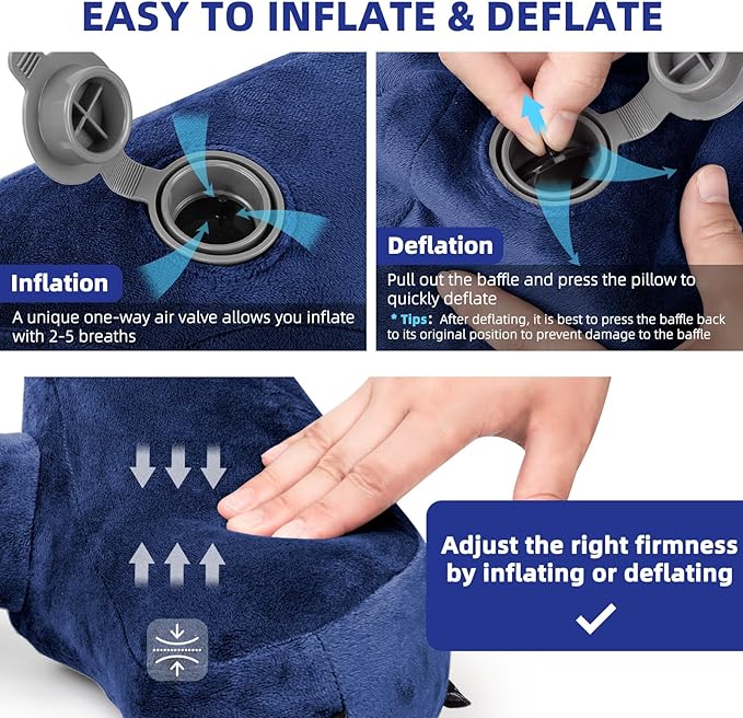 Rewondah Inflatable Travel Pillow, H-Shape Inflatable Neck Pillow for Traveling on Plane, Washable Cover Travel Pillow Airplane Pillow for Neck Support, Blow up Neck Pillows for Air Travel