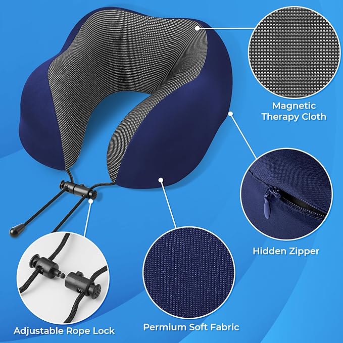Travel Pillow, Travel Pillows for Sleeping Airplane, Neck Pillow Airplane, Memory Foam Neck Pillow Set with Eye Mask, Earplugs and Storage Bag -Blue