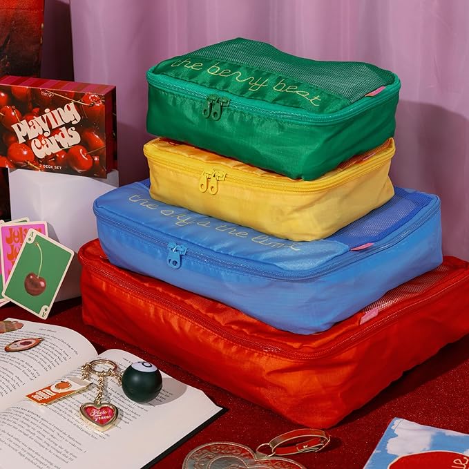 ban.do Getaway Polyester and Mesh Fruit Theme Packing Cube Set, Includes 4 Foldable Luggage Organizers in Various Sizes (J'adore Les Cerises)