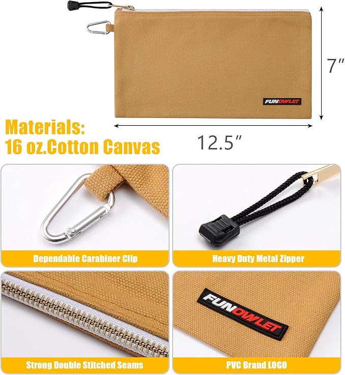 FunOwlet Utility Bag, Canvas Zipper Tool Bags - Heavy Duty Tools Pouch with Carabiner, Multi-Purpose Storage Organizer Clip on Tote Pouches in White, Gray, Tan, Brown, 4 Pack