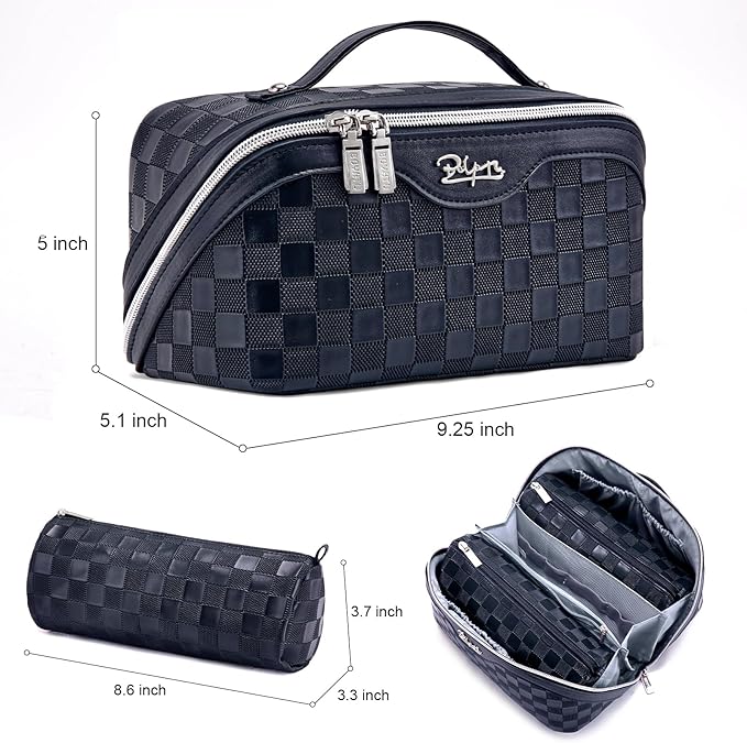 BOYATU Travel Makeup Bag Organizer: 3 Pcs Set Large Capacity Cosmetic Bags Holds 10–20 100ml Full-Size Bottles - 180°Open-Flat Make up Case 3-sec touch-up - Toiletry Bag Gift women (03-A-Dark Blue)