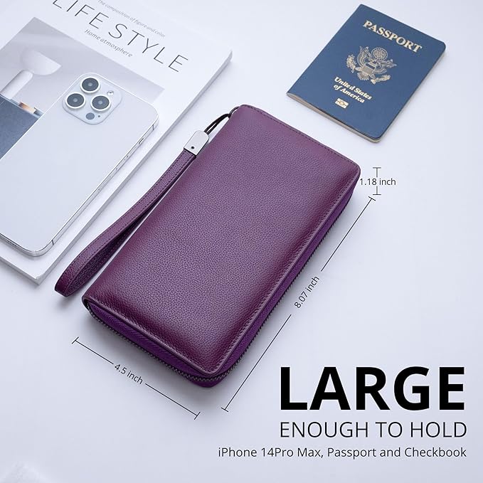 Bveyzi Women RFID Blocking Wallet Leather Zip Around Phone Clutch Large Capacity Ladies Travel Purse Wristlet | RFID Blocking, Zip Around, Large Capacity