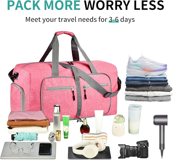 Dimayar 115L Travel Duffle Bag for Men Women - Foldable Duffel Bag with Shoes Compartment - Overnight Bags Waterproof & Tear Resistant(Pink)