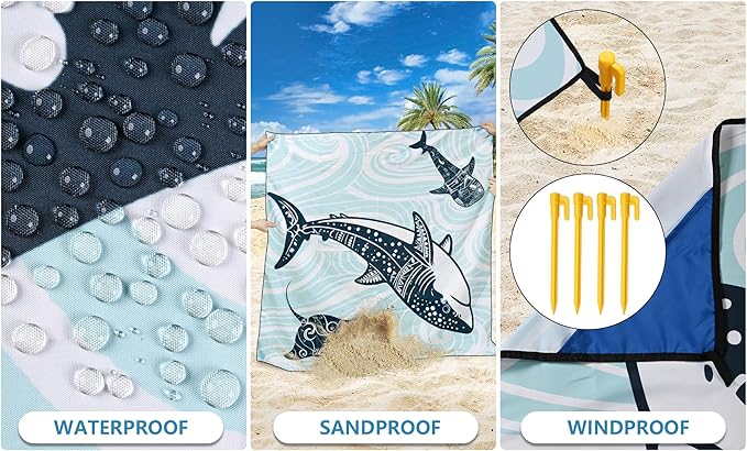 Beach Blanket Waterproof Sandproof Beach Mat 79”x 83” for 1-8 Adults Quick Drying Durable Outdoor Picnic Mat for Beach Festival Travel Camping Hiking (Shark, 79"×83"(4 Person))