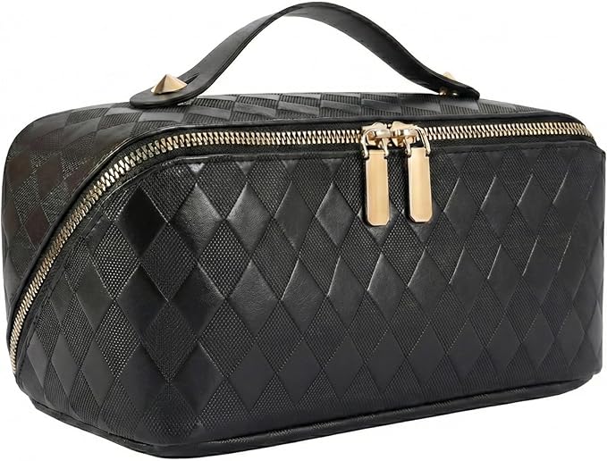 Large Capacity Travel Cosmetic Bag - Portable Makeup Bags for Women Waterproof PU Leather Checkered Makeup Organizer Bag with Dividers and Handle,Toiletry Bag for Cosmetics