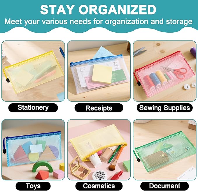 Mesh Zipper Pouch Bags - 5Pack A6 Waterproof Small Zipper Bags 4.7x9.3 Inch Clear Mesh Storage Pouches Assorted Colors for Home, Office, School, Travel, Receipts, Puzzles, Pencil, Cosmetic
