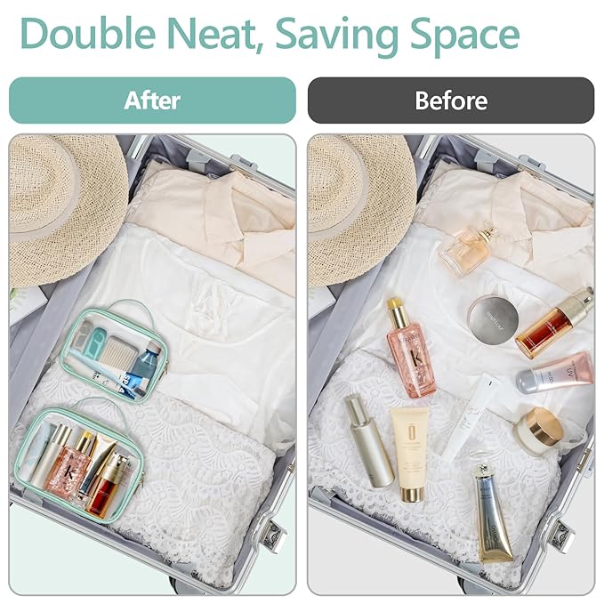 PACKISM Glitter Texture TSA Approved Toiletry Bag Set, Style Clear Makeup Bag with Handle, 1 TSA Medium & 1 Large for Travel, Gift for Women, Green