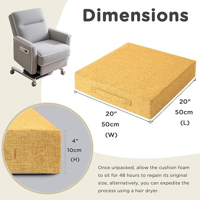 AddGrace Recliner Cushions for Elderly Thick Seat Cushion 20"x20"x4" Chair Pads with Non Slip Backing and Washable Cover for Couch Armchair Chairs Yellow
