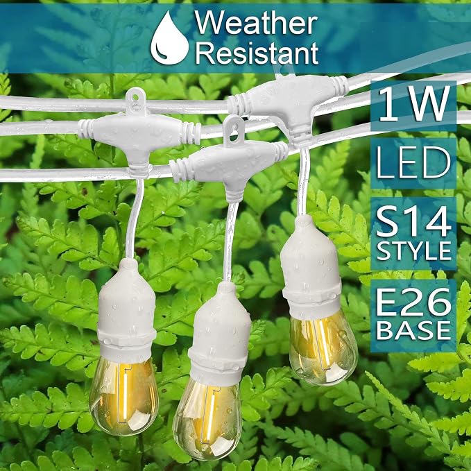 Outdoor String Lights, 48FT Waterproof Patio Lights with 1W Dimmable LED Bulbs, White Hanging String Lights for Outdoor Backyard, Garden, Deck, Porch, Gazebo, Balcony, Camping, Party