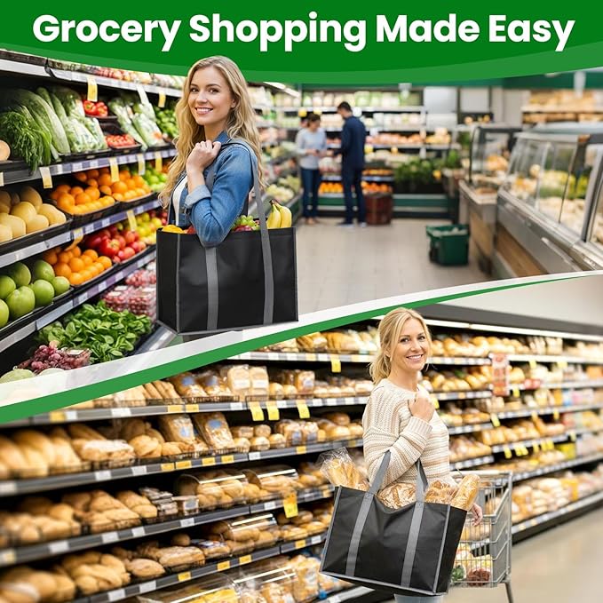 SpaceWhisper Reusable Grocery Bags with Long Handles [6 Pack] - Multipurpose Large Shopping Bags for Groceries, Foldable Grocery Totes Resist Water & Stains for Kitchen, Car Trunk, Picnic (Black)