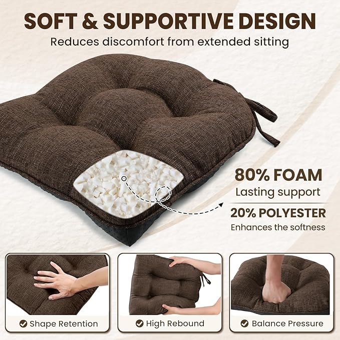 downluxe Indoor Chair Cushions for Dining Chairs, Tufted Overstuffed Textured Foam Kitchen Chair Pads with Ties and Non-Slip Backing, 15.5" x 15.5" x 4", Brown, 6 Pack