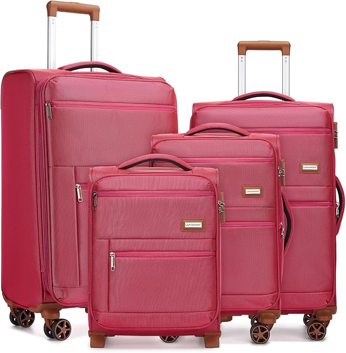 Softshell Luggage Expandable 4 Piece Set (16/20/24/28 Inch) Suitcase Softside Lightweight Luggage Travel Set Elegant Suitcase (Rose Red)