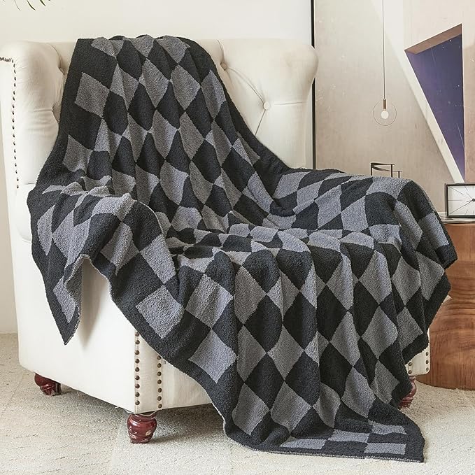Checkered Blanket, Cozy Soft Throw Blankets for Couch Bed, Fluffy Plaid Lightweight Comfy Travel Picnic Blanket Gifts for Sofa Chair Living Room Camping (Black&Grey, Throw 50"x60")