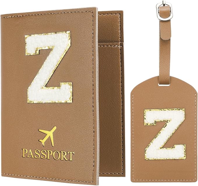 PATIKIL Passport Holder for Travel, Initial Passport Cover and Luggage Tag Set with Alphabet Chenille Letter Patch Travel Wallet Bag Suitcase Identifier for Women Family Travel Brown Z