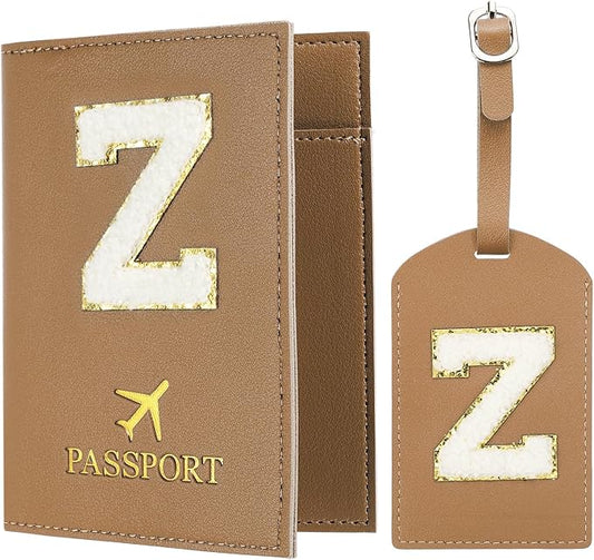 PATIKIL Passport Holder for Travel, Initial Passport Cover and Luggage Tag Set with Alphabet Chenille Letter Patch Travel Wallet Bag Suitcase Identifier for Women Family Travel Brown Z