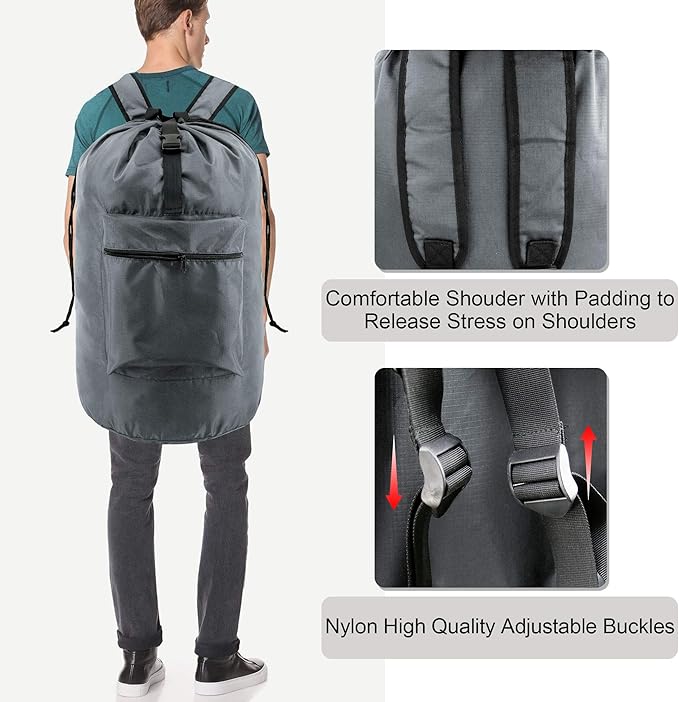 BeeGreen Gray Laundry Backpack w Adjustable Shoulder Straps & Drawstring College Dorm Room Essentials w Handle for Travel Trip Lightweight Durable Laundry Bag Hamper Portable