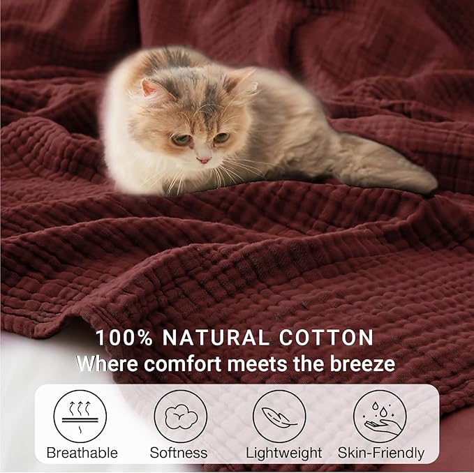 100% Cotton Muslin Blanket Twin 66" x 90", 6 Layers Breathable and Lightweight Cotton Blankets for Couch, Soft Cooling Summer Gauze Blanket for Adults All Season, Burgundy