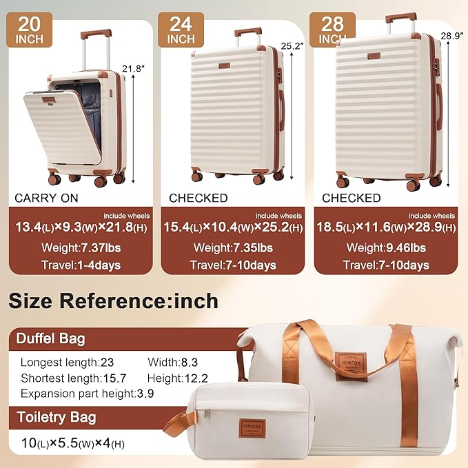 Merax Luggage Sets Front Opening, 3 Piece Hardshell Suitcase with Spinner Wheels and Bags,Lightweight Carry on Luggage with USB Port and Cup Holder,20+24+28,White and Brown