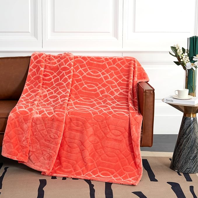 Soft Cozy Fleece Throw Blanket, 50x60 Inches – Lightweight Plush Blanket for Couch, Fuzzy 3D Jacquard Design, for Sofa, Bed & Travel - Coral
