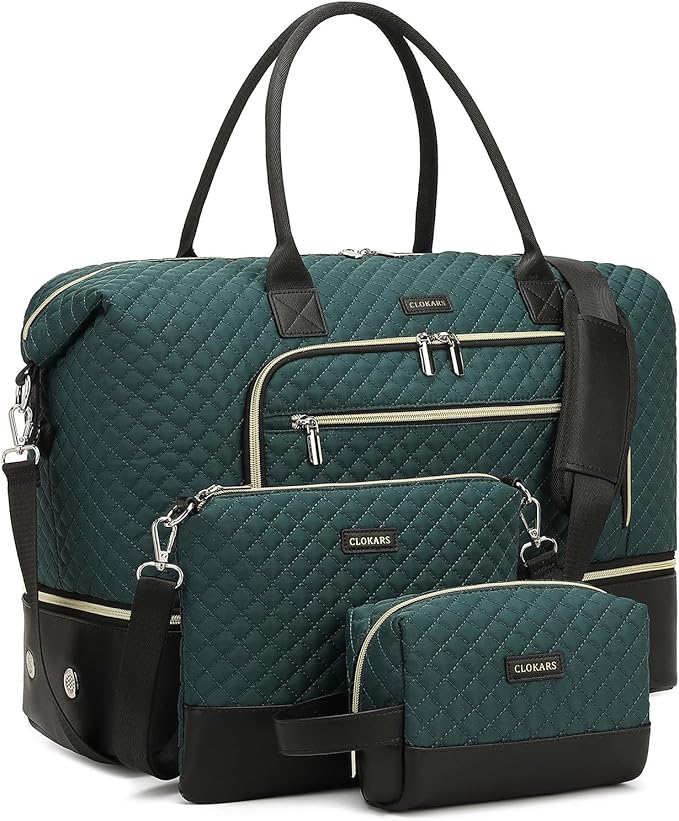 Duffle Bag for Women Travel, Weekender Bag Overnight Bag with Shoe Compartment, Carry on Bag with Crossbody Purse for Over Night, Weekend, Yoga, Gym, Business Trips, Hospital, DarkGreen Black