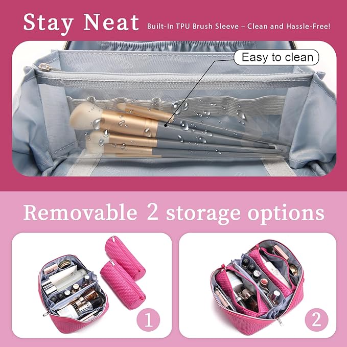 BOYATU Travel Makeup Bags for Women: Large Capacity Make up Bag with Wide Opening - 3 Pcs Set Waterproof Travel Toiletry Organizer for Full-Sized Bottles, Cosmetics & Brushes (Plum-W)