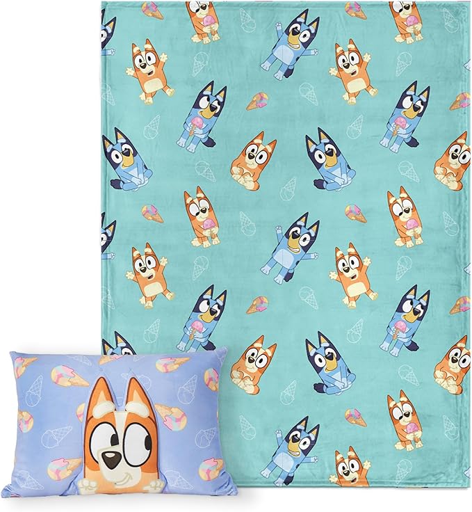 Northwest Bluey Bingo Joy Silk Touch Throw Blanket 50 x 60 Inches with Plush Pocket Pillow 14 x 20 Inches - Comfy & Cozy Blanket & Pillow Set for Boys and Girls