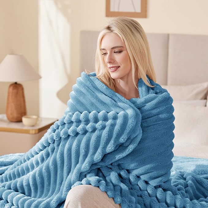 EXQ Home Fleece Throw Blanket for Couch or Bed - 3D Stripe Jacquard Decorative Blankets - Cozy Soft Lightweight Fuzzy Flannel Blanket Suitable for All Seasons(50"×60",Blue)