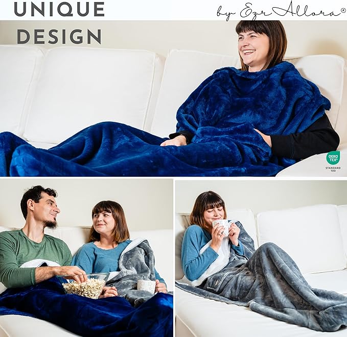 Premium Double Layer Foot Pocket Blanket -Patent Pending- TV Throw - Gamer Gifts for Men Who Want Nothing - Lap Blanket (Double Layer Sherpa-Fleece, Velvet Blue)