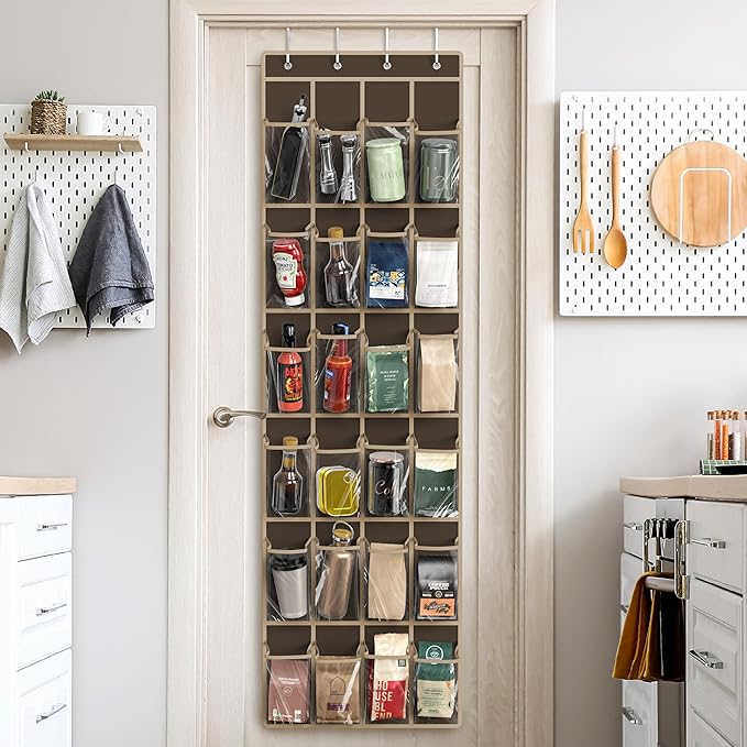 Simple Houseware 24 Pockets - Crystal Clear Over The Door Hanging Shoe Organizer, Brown (64'' x 19'')