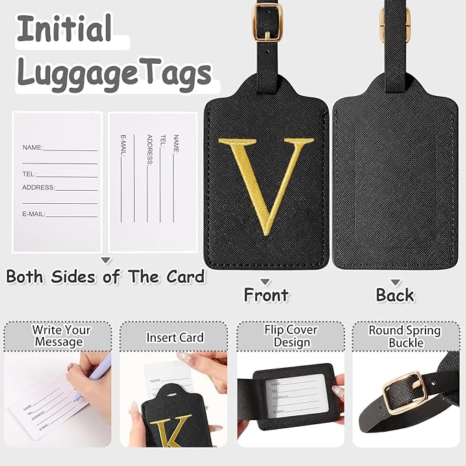 Unique Initial Letter Luggage Tags for Suitcases, Monogrammed Suitcase Luggage Identifier Tag,PU Leather TSA Approved Luggage Tags,Bag Tags for Men Women Kids Luggage Baggage(Black V)
