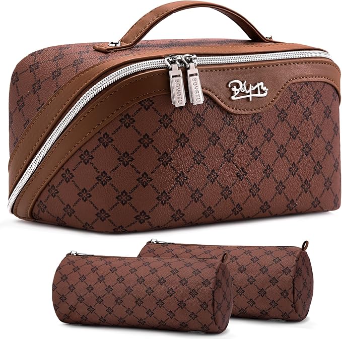 BOYATU Travel Makeup Bag Cosmetic Bags for Women: 3 Pcs Set Large Capacity Make up Bag with Handle - Vegan Leather Toiletry Bags with Compartments - Makeup Organizer for Travel Essentials(A-6-Brown)