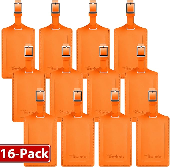 Travelambo 16 Pack Luggage Tags for Suitcases Privacy Protection Bag Tags Faux Leather Travel Accessories Essential, Hot Orange