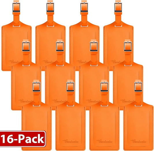 Travelambo 16 Pack Luggage Tags for Suitcases Privacy Protection Bag Tags Faux Leather Travel Accessories Essential, Hot Orange