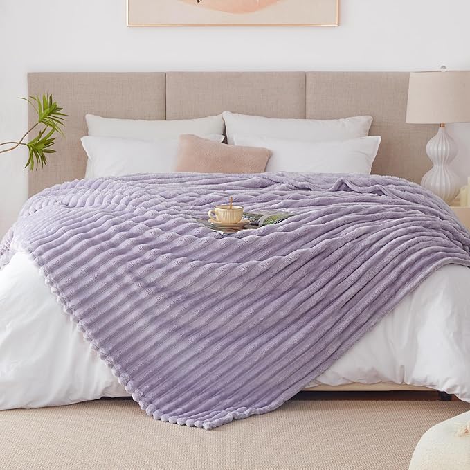 EXQ Home King Size Blanket for Bed or Couch - 3D Stripe Jacquard Decorative Fleece Blankets - Cozy Soft Lightweight Fuzzy Flannel Blanket Suitable for All Seasons(90"×108",Light Purple)