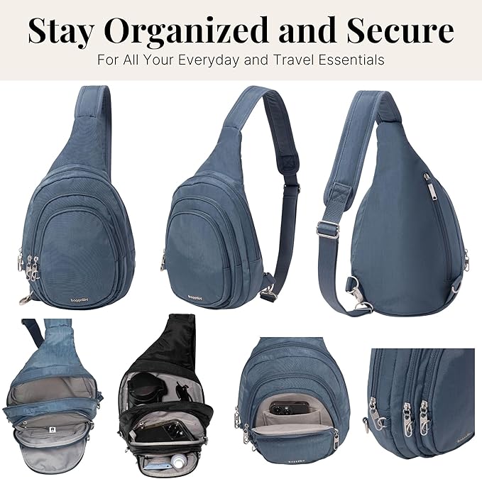 Baggallini Securtex® Anti-Theft Multi Zip Sling - Lightweight 8.6"x15.2" Travel Bag with Locking Zippers & RFID Protection