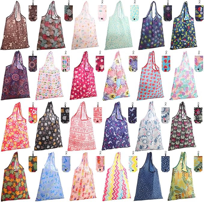 Paterr 24 Pcs Foldable Reusable Shopping Bag Recycle Travel Grocery Bag Fold to Pocket Tote Bulk for Daily Supplies Load