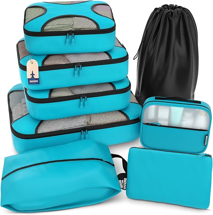 Shacke Packing Cubes for Travel 8 Set - Compression Luggage Organizer Bags - Versatile Travel Organizer for Women and Men - Optimized Packing Bags - Travel Essentials (Aqua Teal)