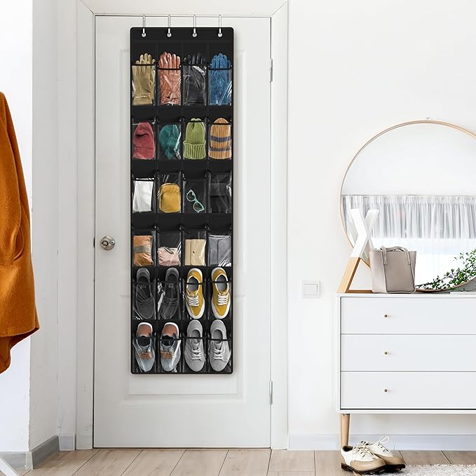 Simple Houseware 24 Pockets - Crystal Clear Over The Door Hanging Shoe Organizer, Black (64'' x 19'')