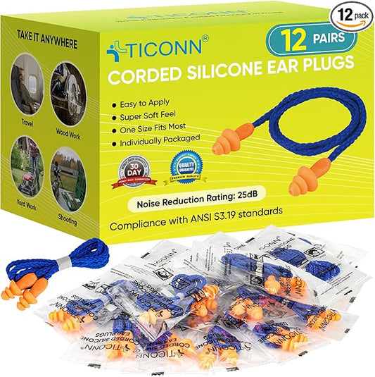 TICONN 12 Pairs Reusable Silicone Ear Plugs for Sleeping Noise Cancelling, Individually Wrapped 25dB NRR Corded Earplugs for Study Concentration Travel (12 Pairs)