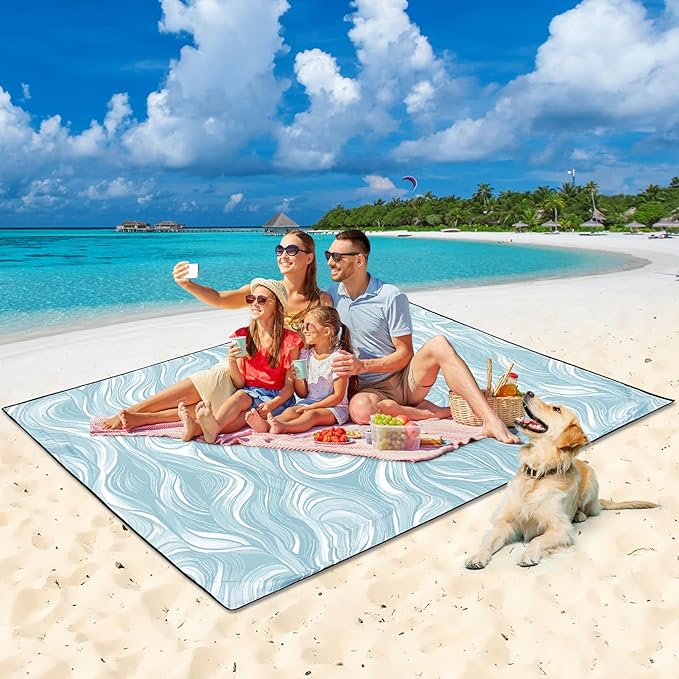Beach Blanket Waterproof Sandproof Beach Mat for 1-8 Adults Quick Drying Durable Outdoor Picnic Mat for Beach Festival Travel Camping Hiking (Ocean Wave-Dark BL, 79"×83"(4 Person))