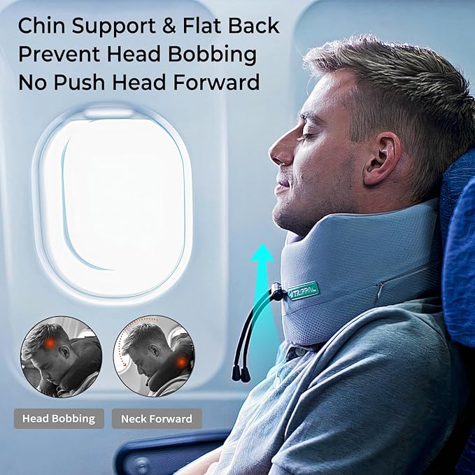 Long-haul Flight Travel Pillow: 360 Chin & Neck Support Airplane Pillow for Side Sleepers to Prevent Head Bobbing - Dual-Density Memory Foam with Flat Back Won't Push Head Forward