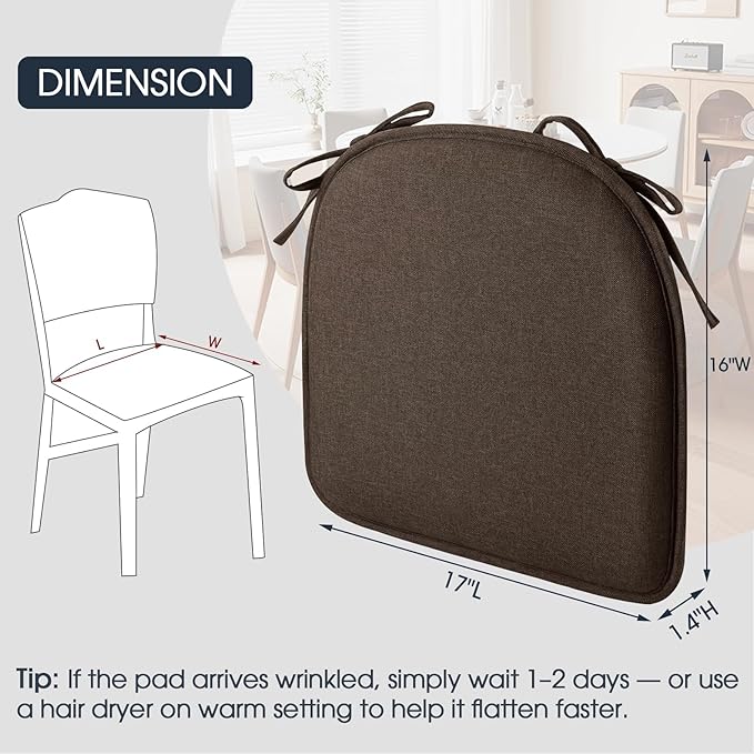 TushGuard Chair Cushions for Dining Chairs Set of 4, Soft Seat Cushions for Kitchen Chairs, Non-Slip Bottom with Ties, Comfortable Everyday Chair Pads, Brown