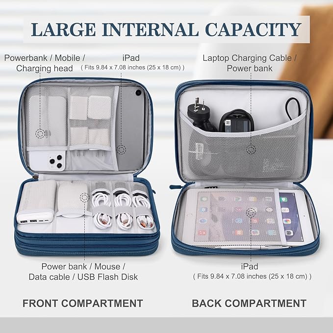 FYY Electronic Organizer, Extra Large Travel Cable Organizer Bag Pouch Portable Waterproof Double Layers All-in-One Storage Bag for iPad, Cable, Power Bank, Laptop Charger for Office/Home, Navy