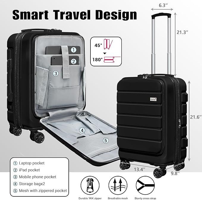 Explorer 20 Inch Carry On - Hardshell Suitcases with Front Pocket, Black